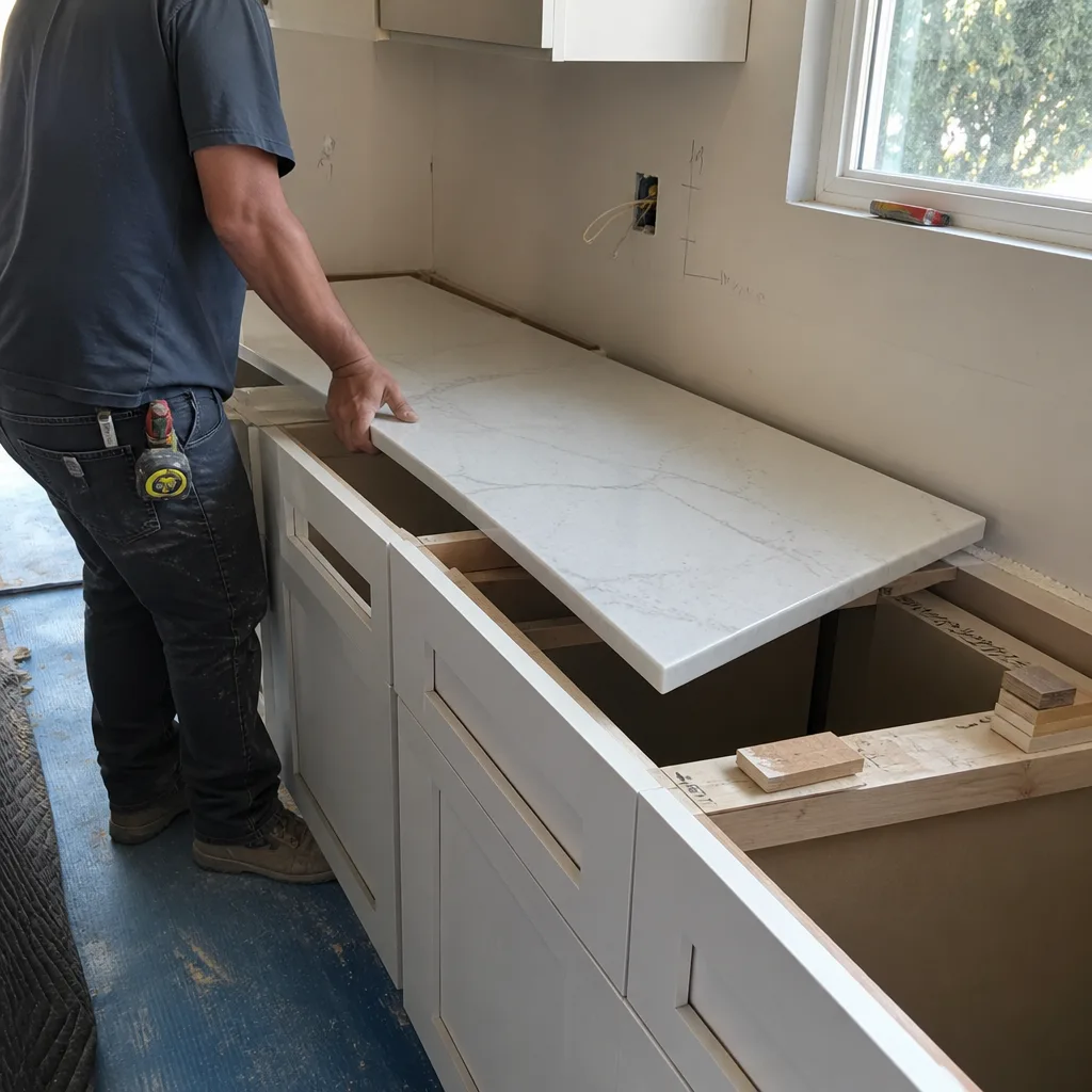 Contractor installing white marble kitchen countertop on new cabinetry