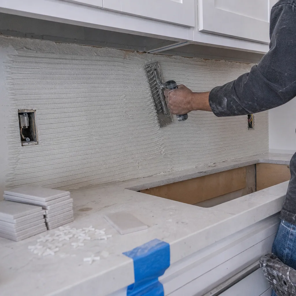 Professional contractor applying thin-set mortar to a kitchen backsplash