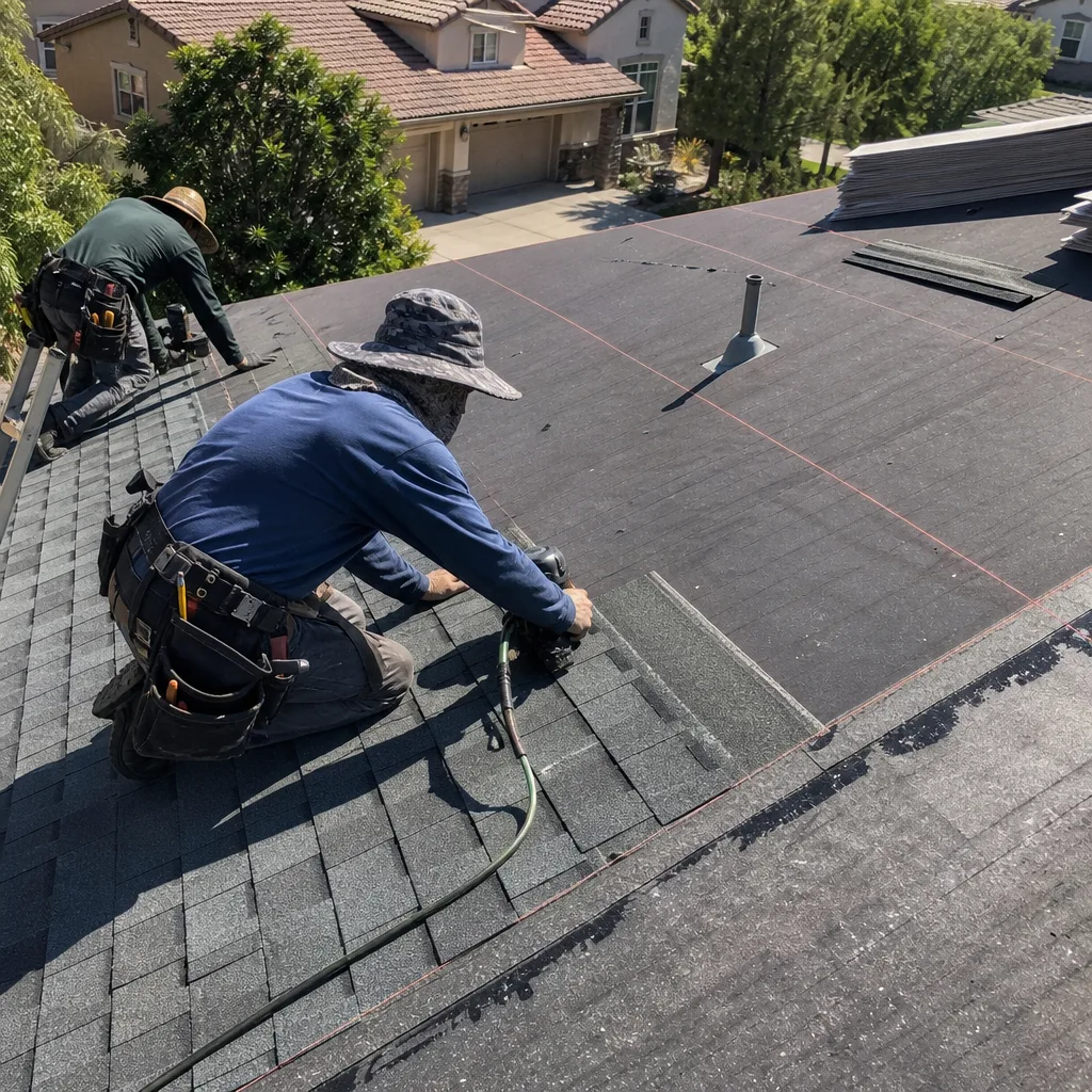Two professional roofers installing new shingles on a residential roof