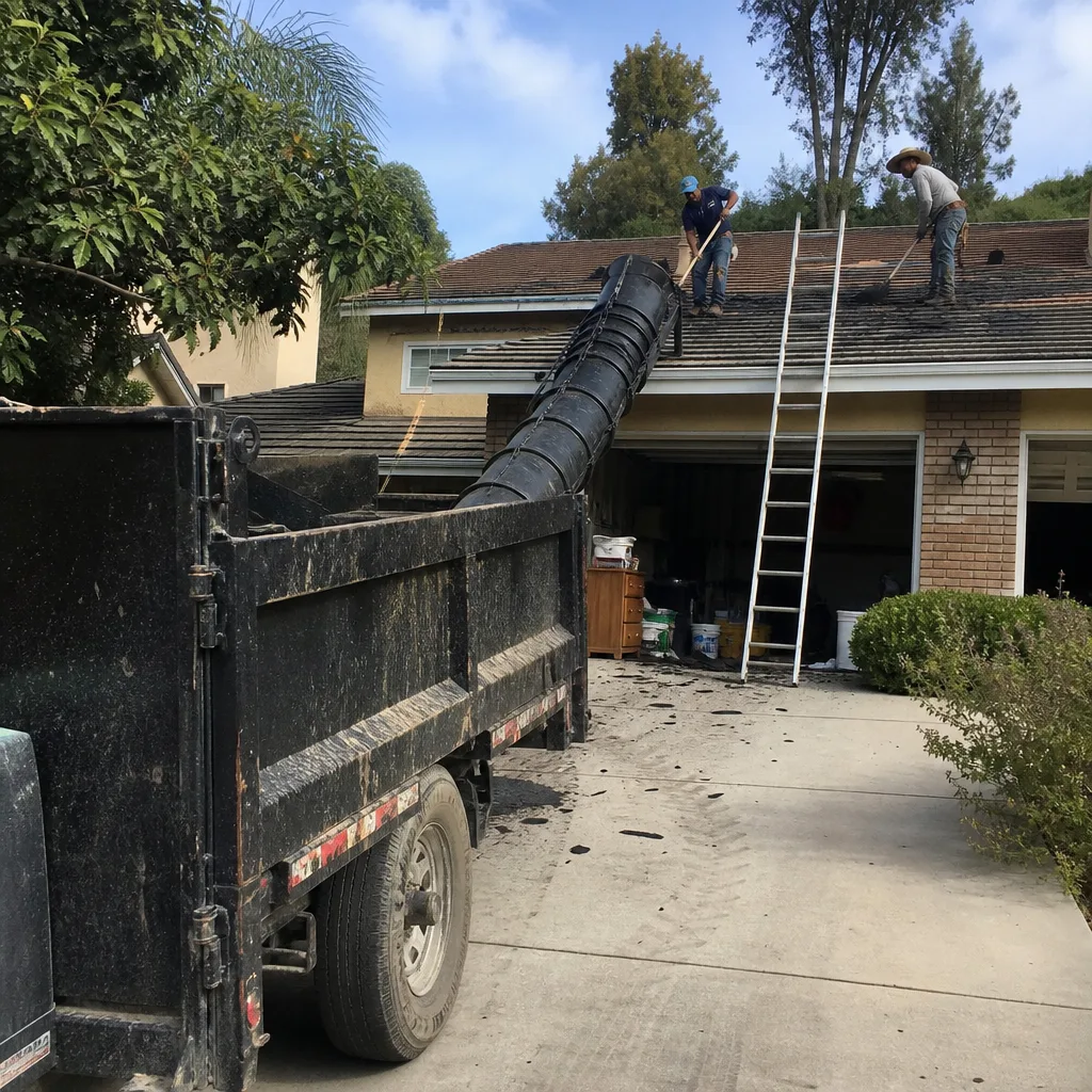 Roofing crew using a debris chute for residential roof shingle removal.