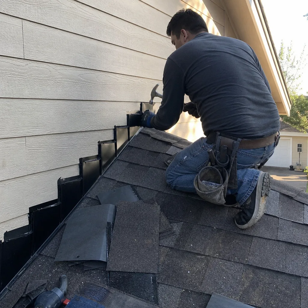 Professional roofer installing black metal step flashing on a sloped roof.