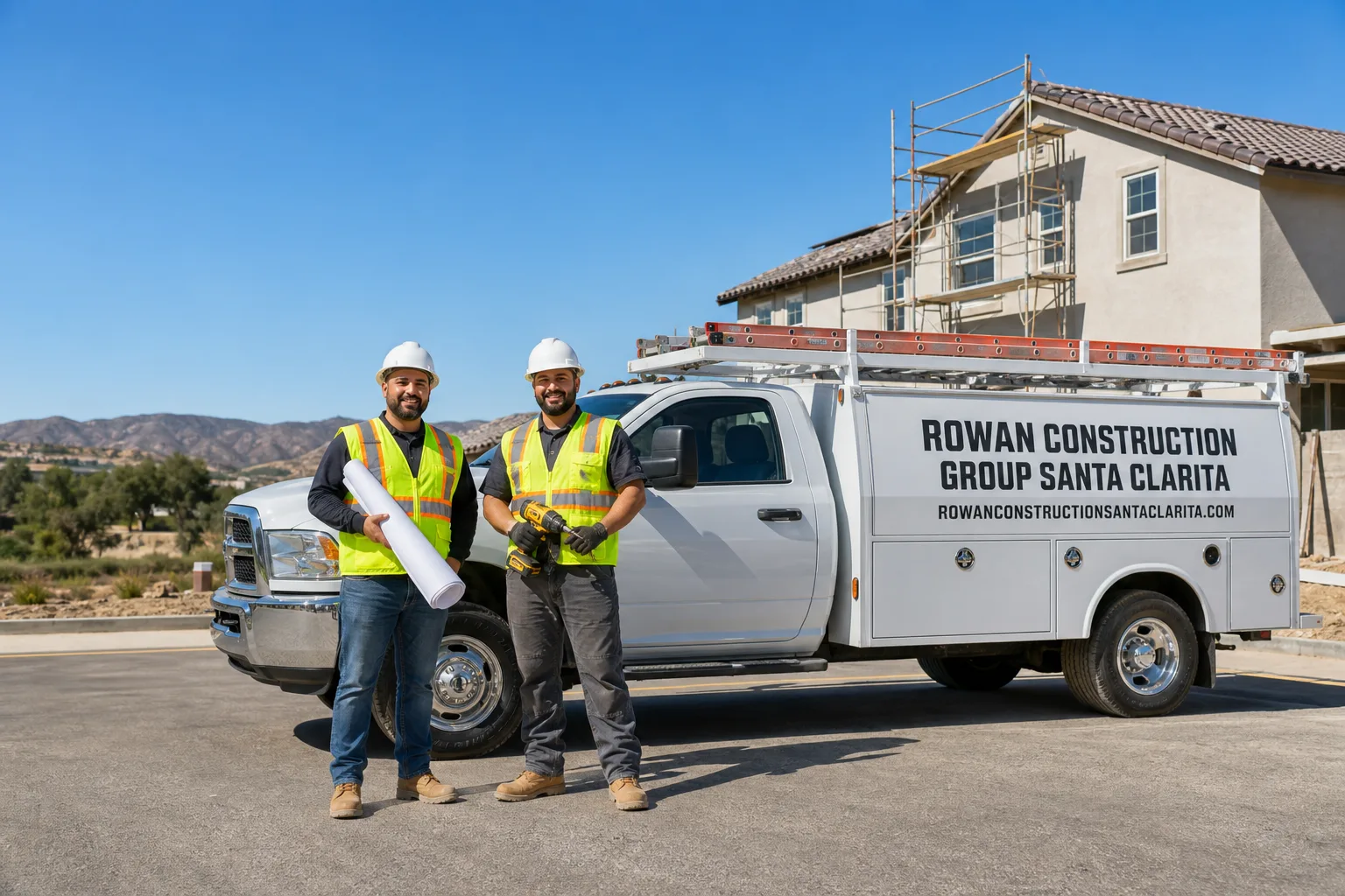Rowan Construction Group Santa Clarita construction service vehicle and crew in Santa Clarita, CA